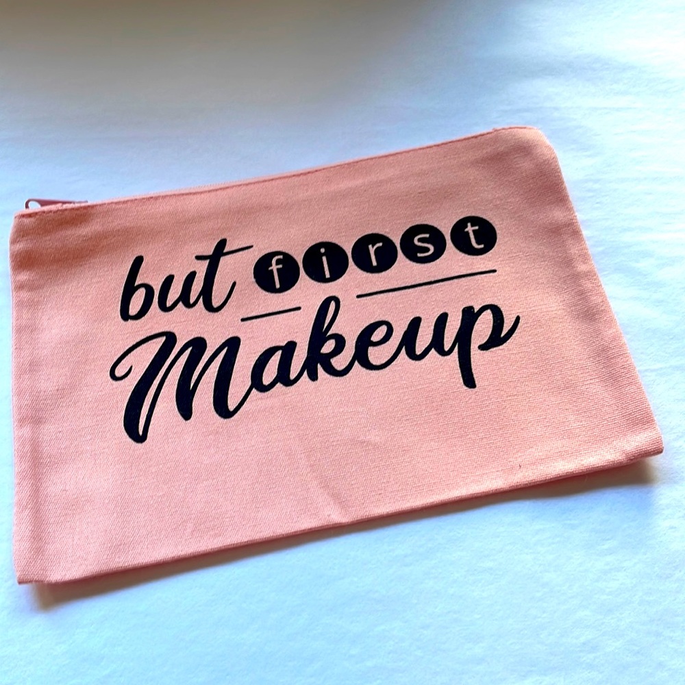 Pink cosmetic makeup bag zipper closure lightweight canvas but‎ first mak…